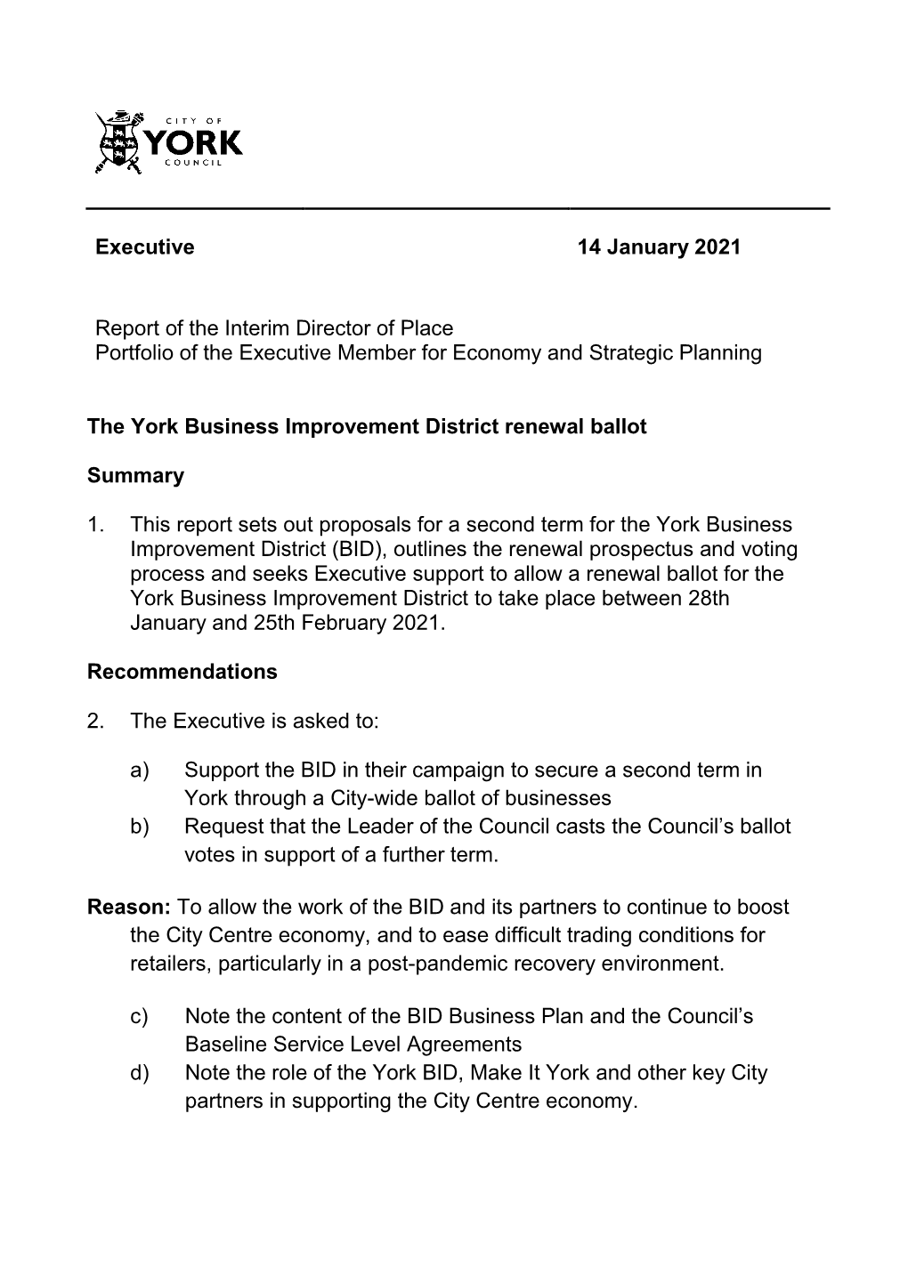 The York Business Improvement District Renewal Ballot