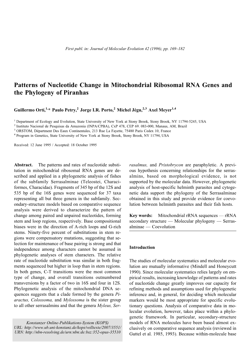 Patterns of Nucleotide Change in Mitochondrial Ribosomal RNA Genes and the Phylogeny of Piranhas