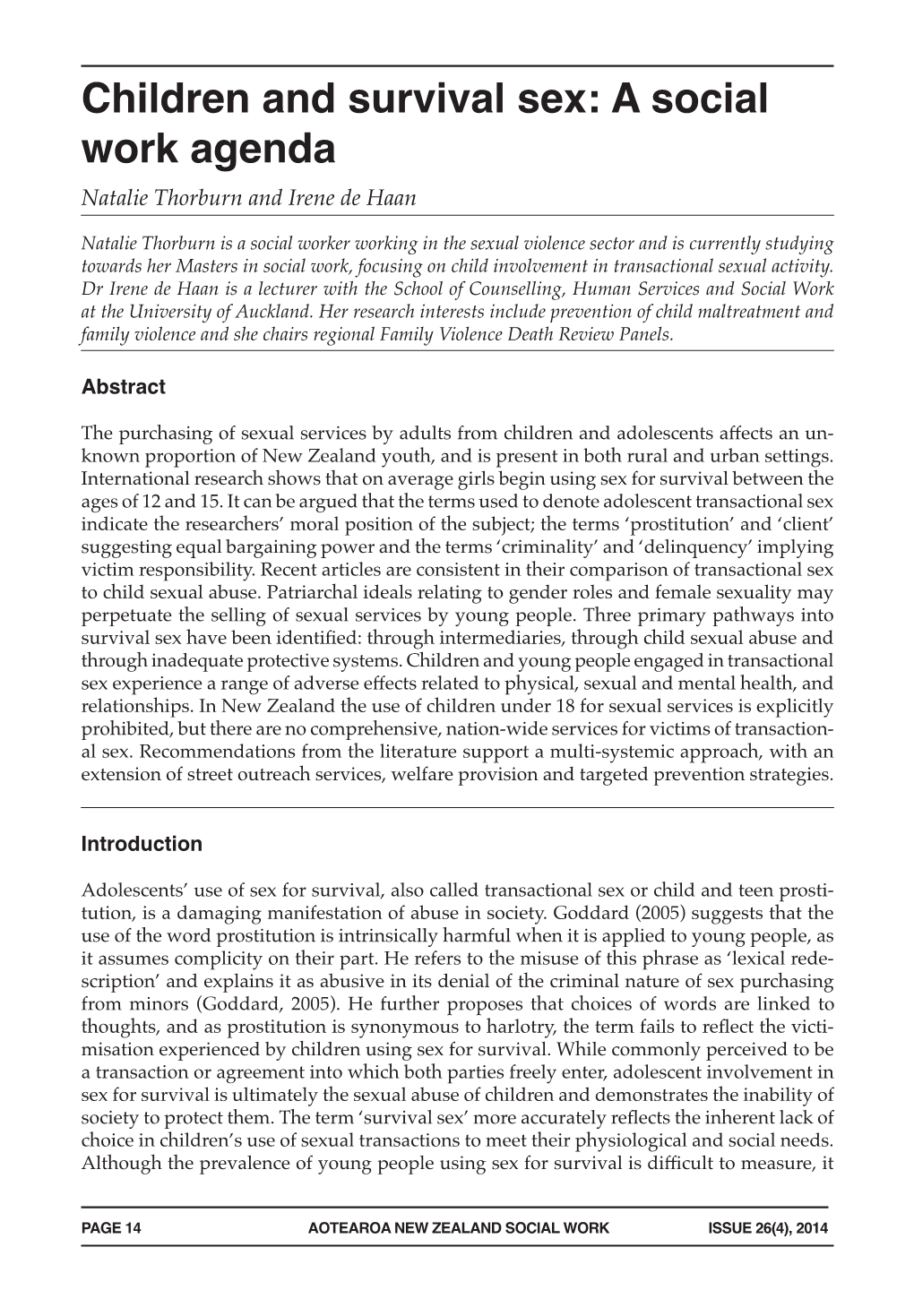 Children and Survival Sex: a Social Work Agenda Natalie Thorburn and Irene De Haan