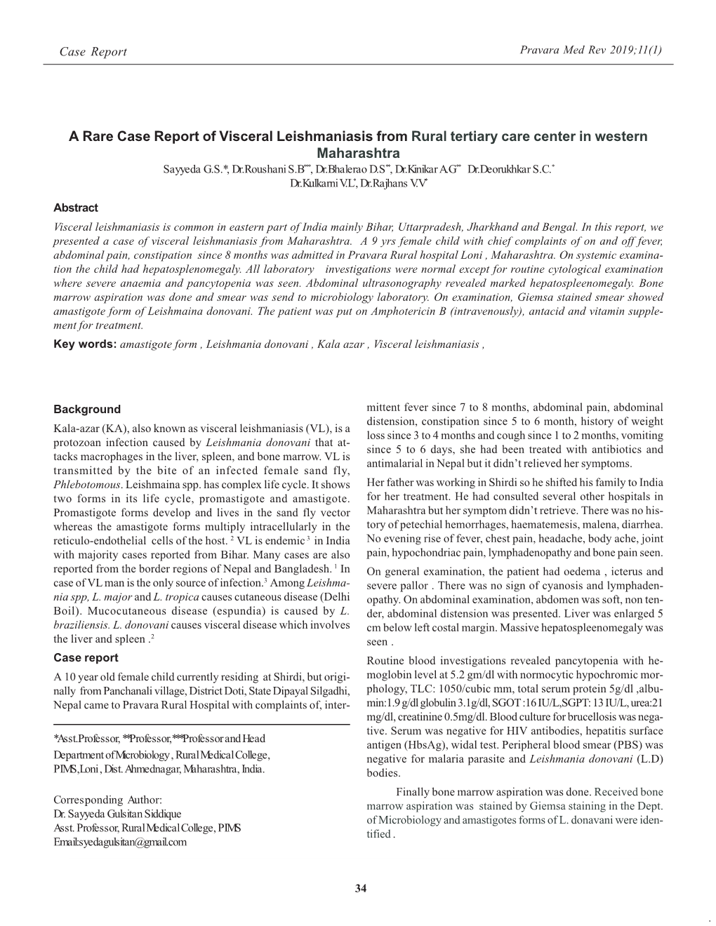 A Rare Case Report of Visceral Leishmaniasis from Rural Tertiary Care Center in Western Maharashtra