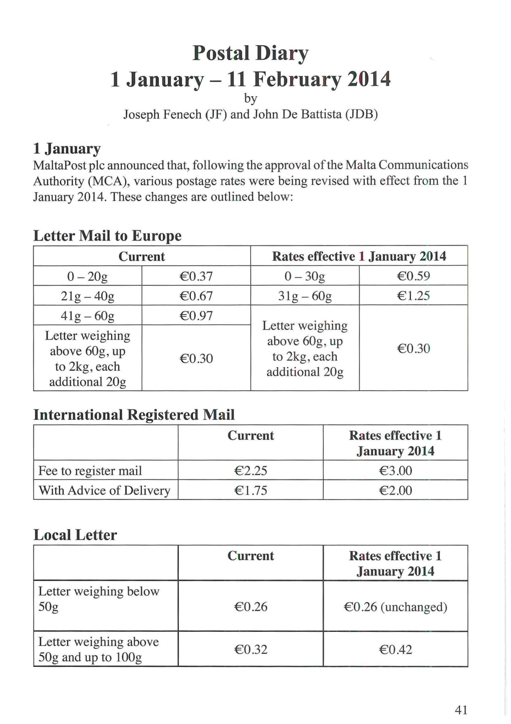 Postal Diary 1 January -11 February 2014 by Joseph Fenech (JF) and John De Battista (JDB)