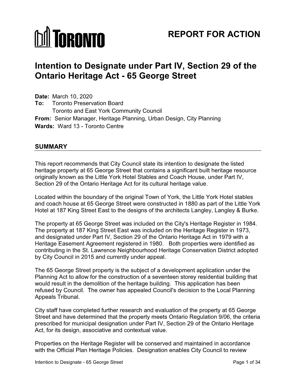 Intention to Designate Under Part IV, Section 29 of the Ontario Heritage Act - 65 George Street
