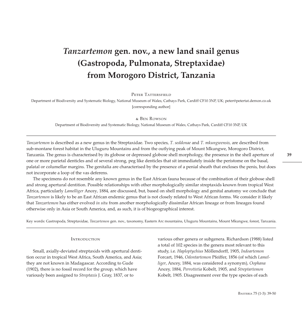 Tanzartemon Gen. Nov., a New Land Snail Genus (Gastropoda, Pulmonata, Streptaxidae) from Morogoro District, Tanzania