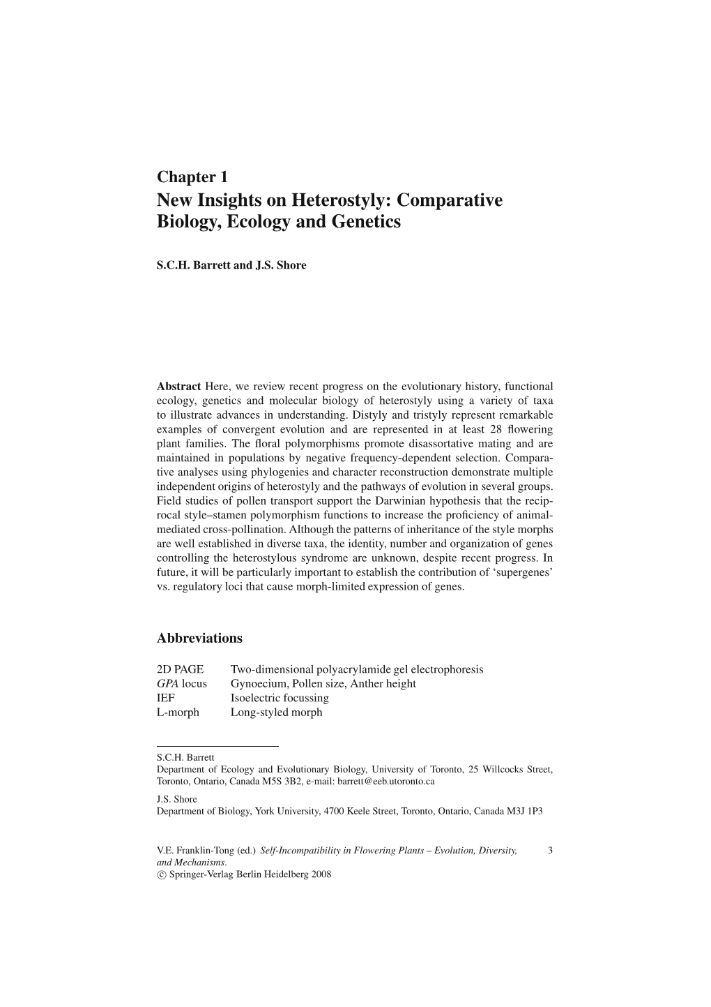 New Insights on Heterostyly: Comparative Biology, Ecology and Genetics