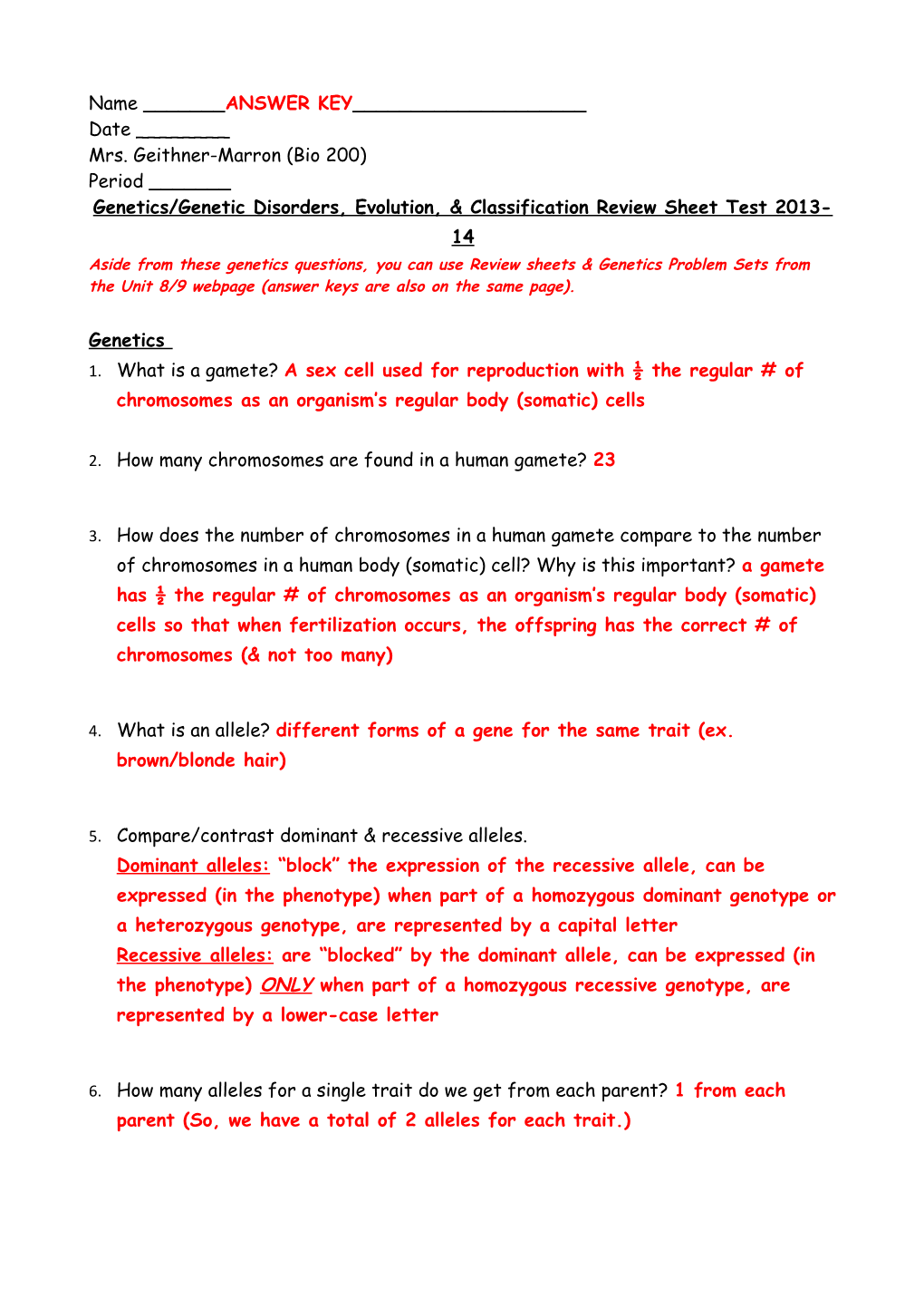 Genetics/Genetic Disorders, Evolution, & Classification Review Sheet Test 2013-14