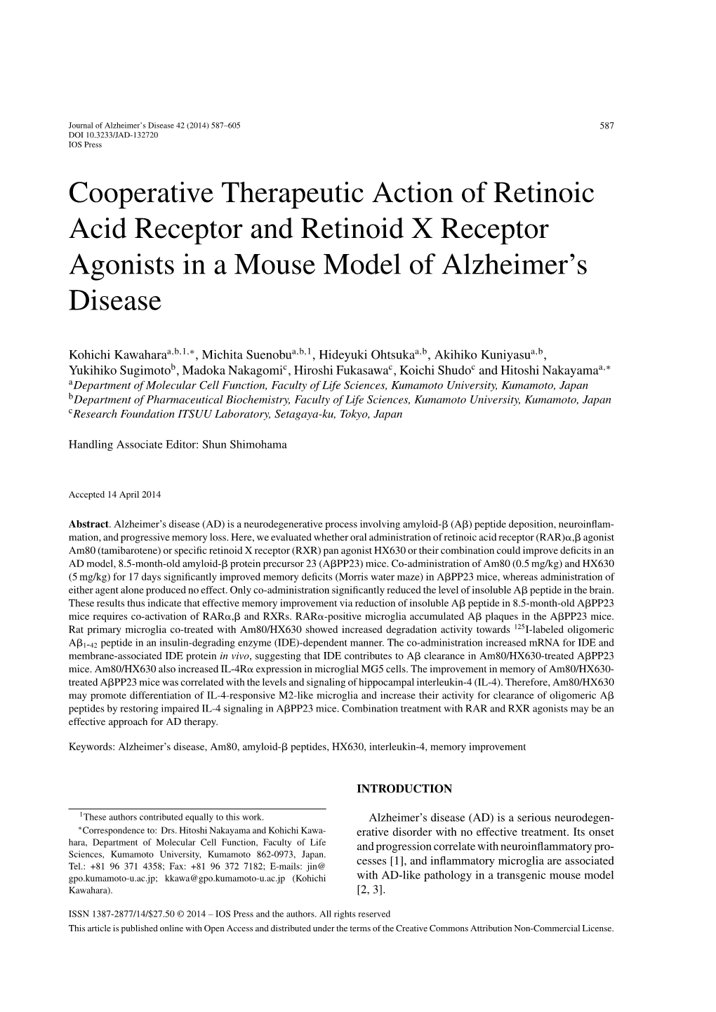 Cooperative Therapeutic Action of Retinoic Acid Receptor and Retinoid X Receptor Agonists in a Mouse Model of Alzheimer’S Disease