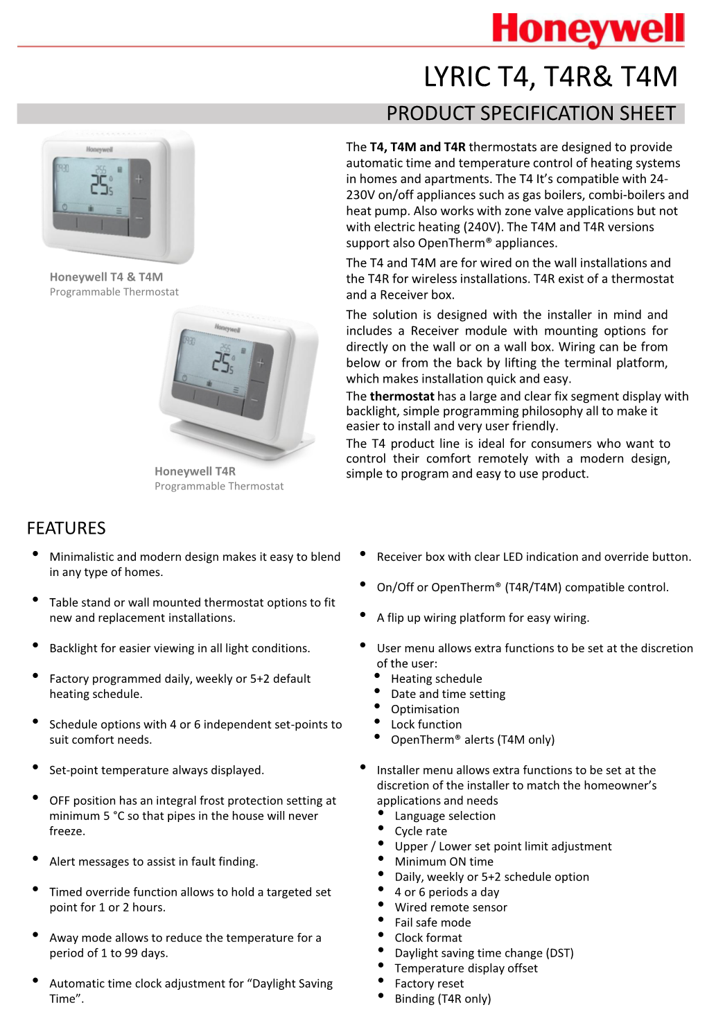 Honeywell T4 T4R T4M PRODUCT SPECIFICATION SHEET