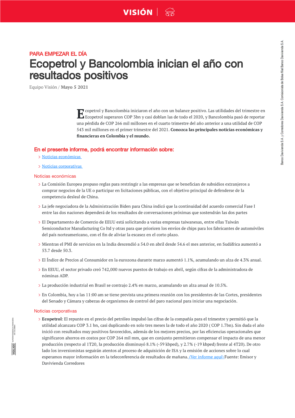 Ecopetrol Y Bancolombia Inician El Año Con Resultados Positivos Equipo Visión / Mayo 5 2021