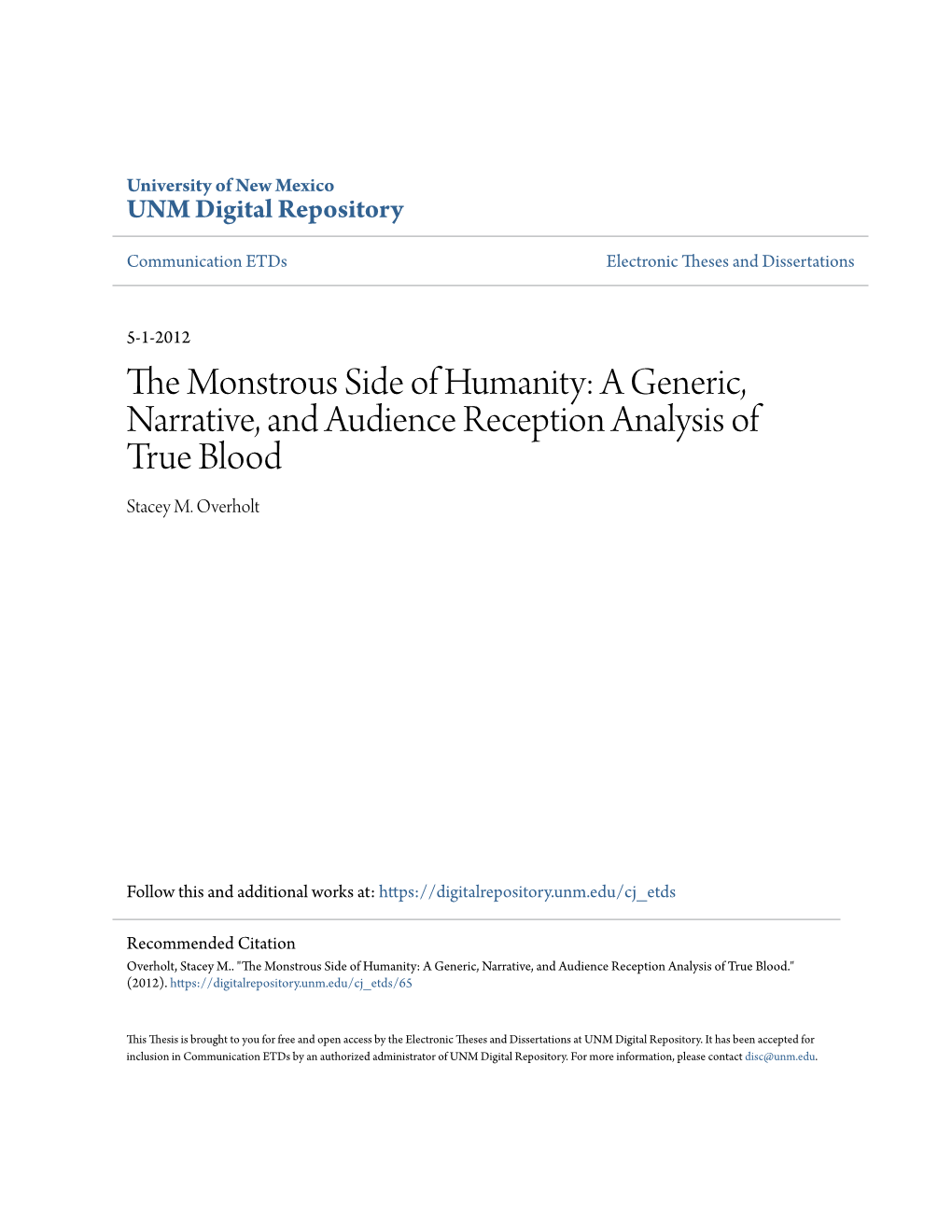 A Generic, Narrative, and Audience Reception Analysis of True Blood Stacey M