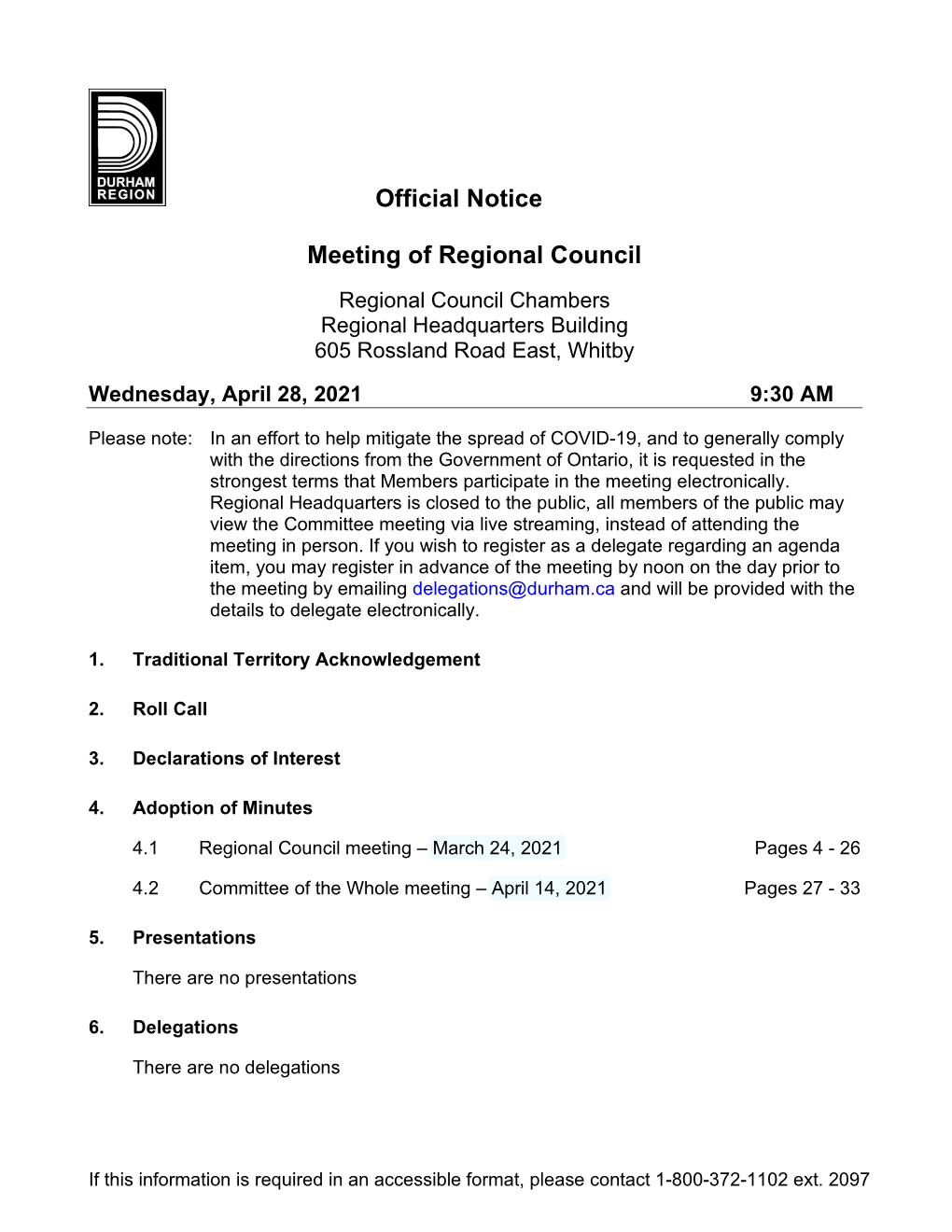 Regional Council Agenda - Wednesday, April 28, 2021 Page 2