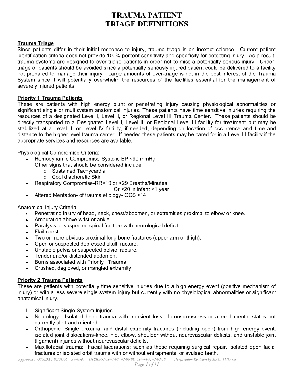 Trauma Patient Triage Definitions