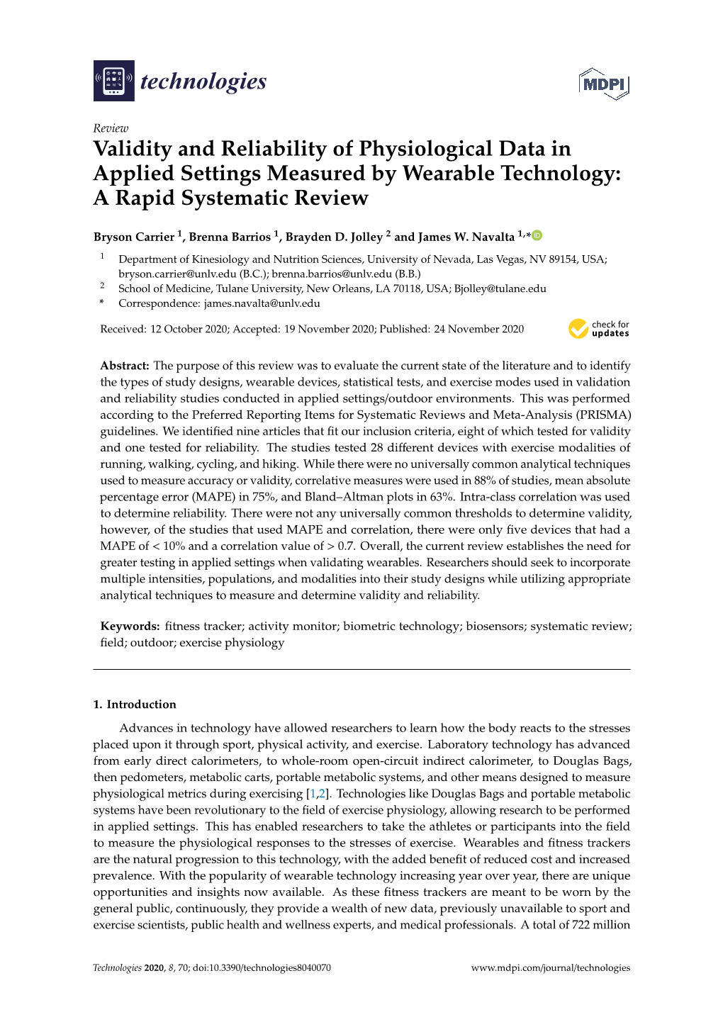 Validity and Reliability of Physiological Data in Applied Settings Measured by Wearable Technology: a Rapid Systematic Review