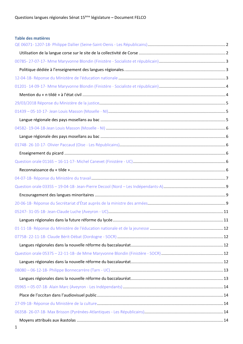Questions Langues Régionales Sénat 15Ème Législature – Document FELCO