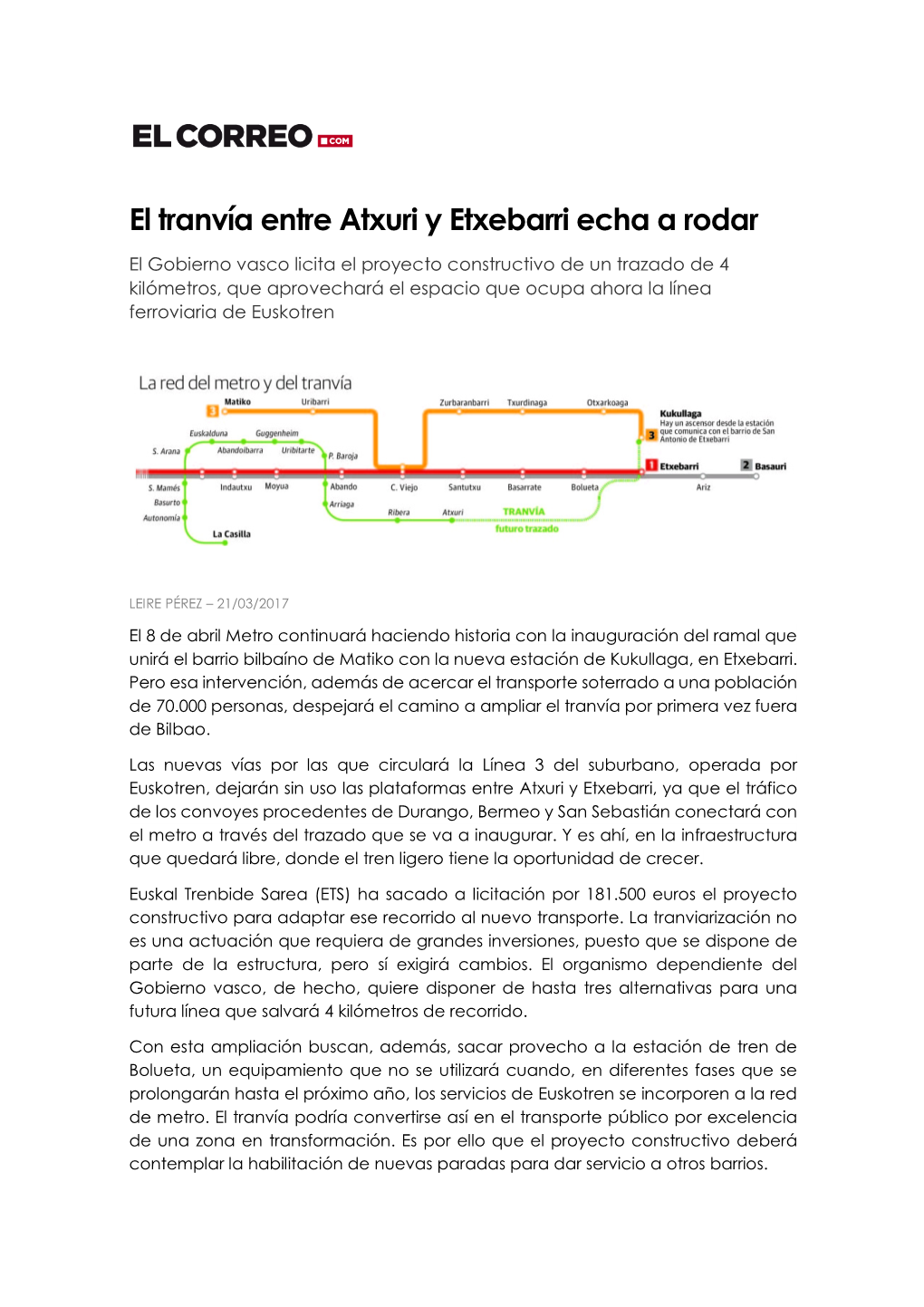 El Tranvía Entre Atxuri Y Etxebarri Echa a Rodar