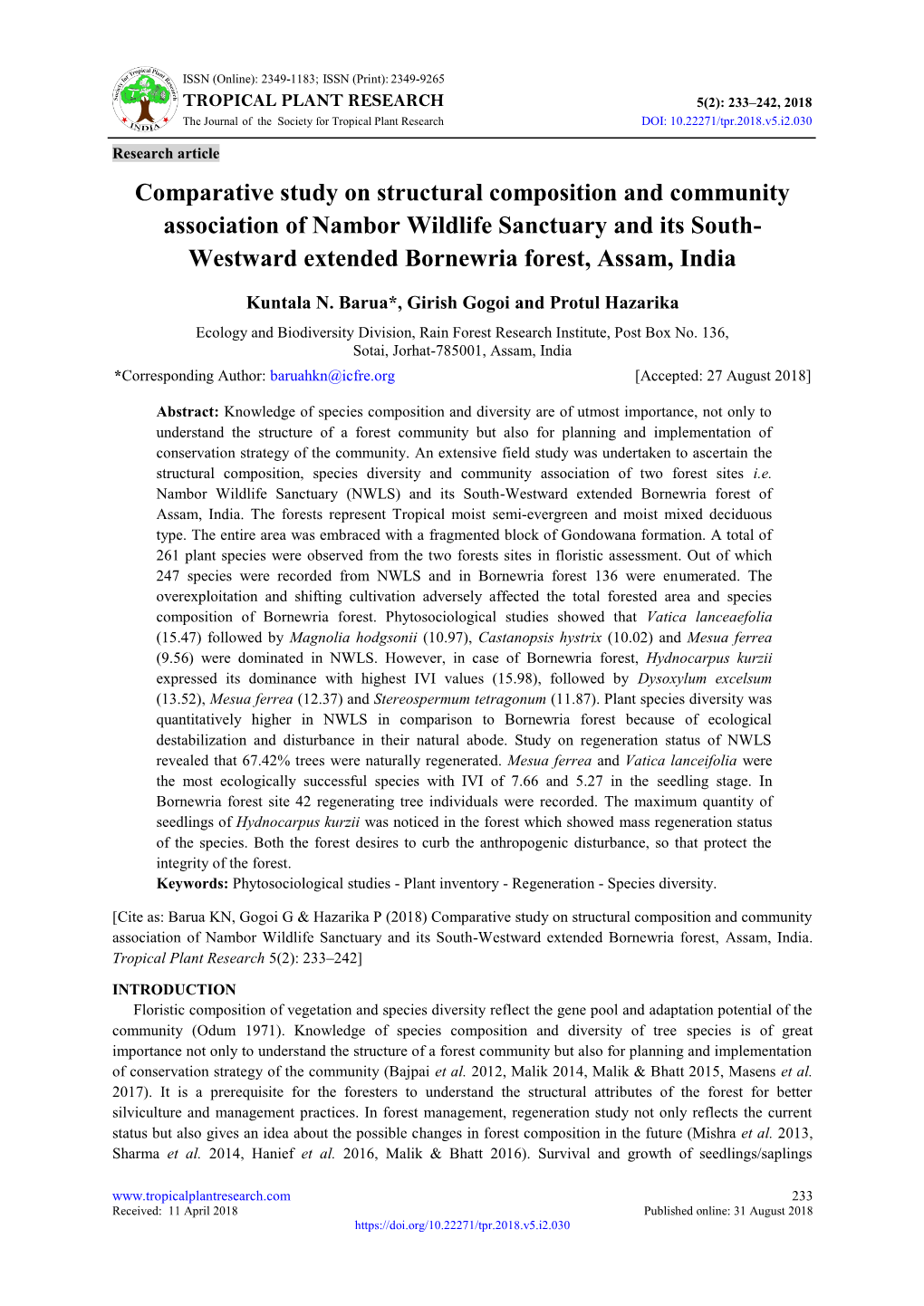 Comparative Study on Structural Composition and Community Association of Nambor Wildlife Sanctuary and Its South- Westward Extended Bornewria Forest, Assam, India