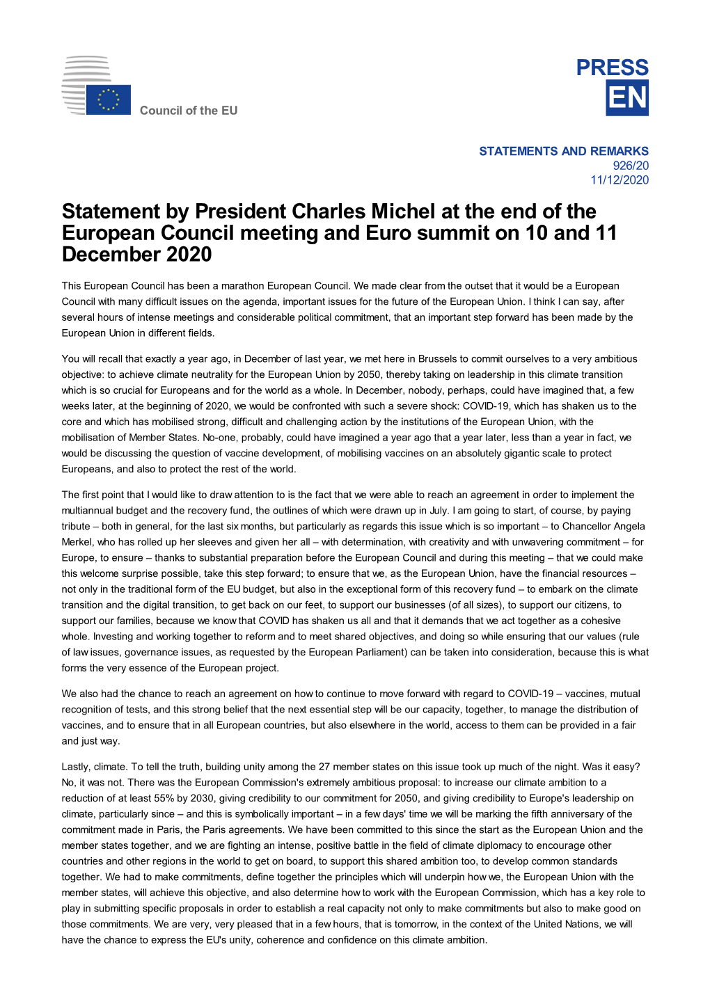 Statement by President Charles Michel at the End of the European Council Meeting and Euro Summit on 10 and 11 December 2020