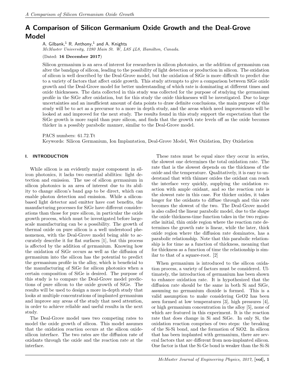 A Comparison of Silicon Germanium Oxide Growth and the Deal-Grove Model A