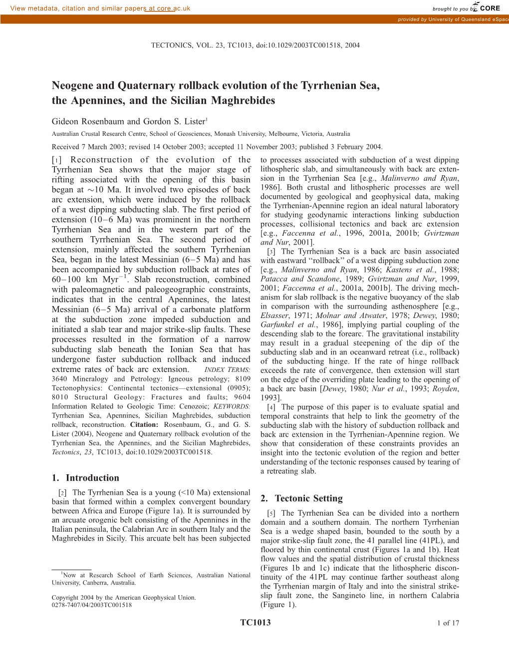 Neogene and Quaternary Rollback Evolution of the Tyrrhenian Sea, the Apennines, and the Sicilian Maghrebides