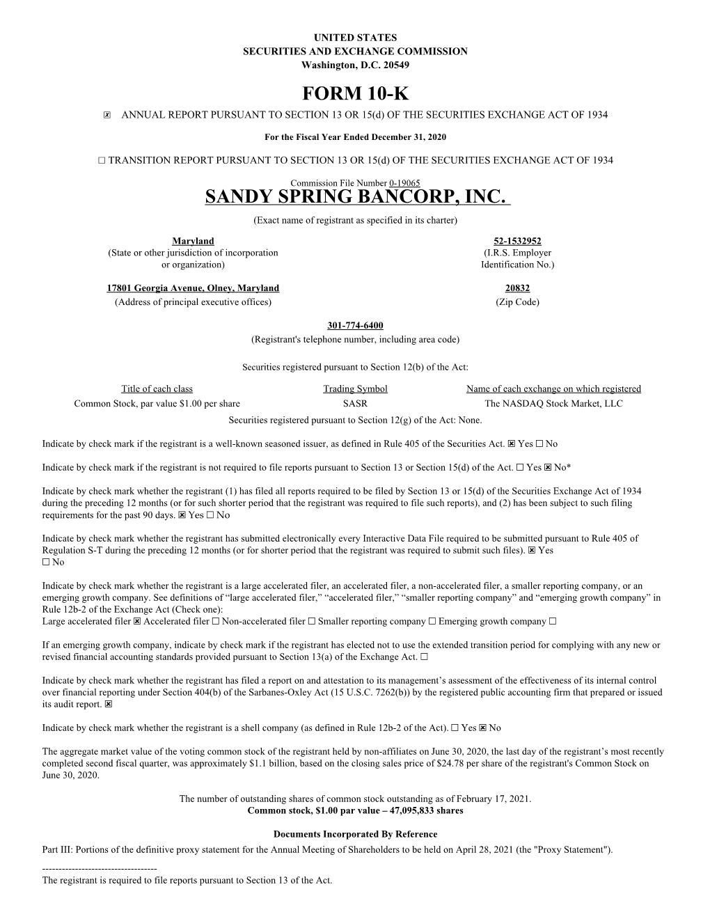 Form 10-K Sandy Spring Bancorp, Inc