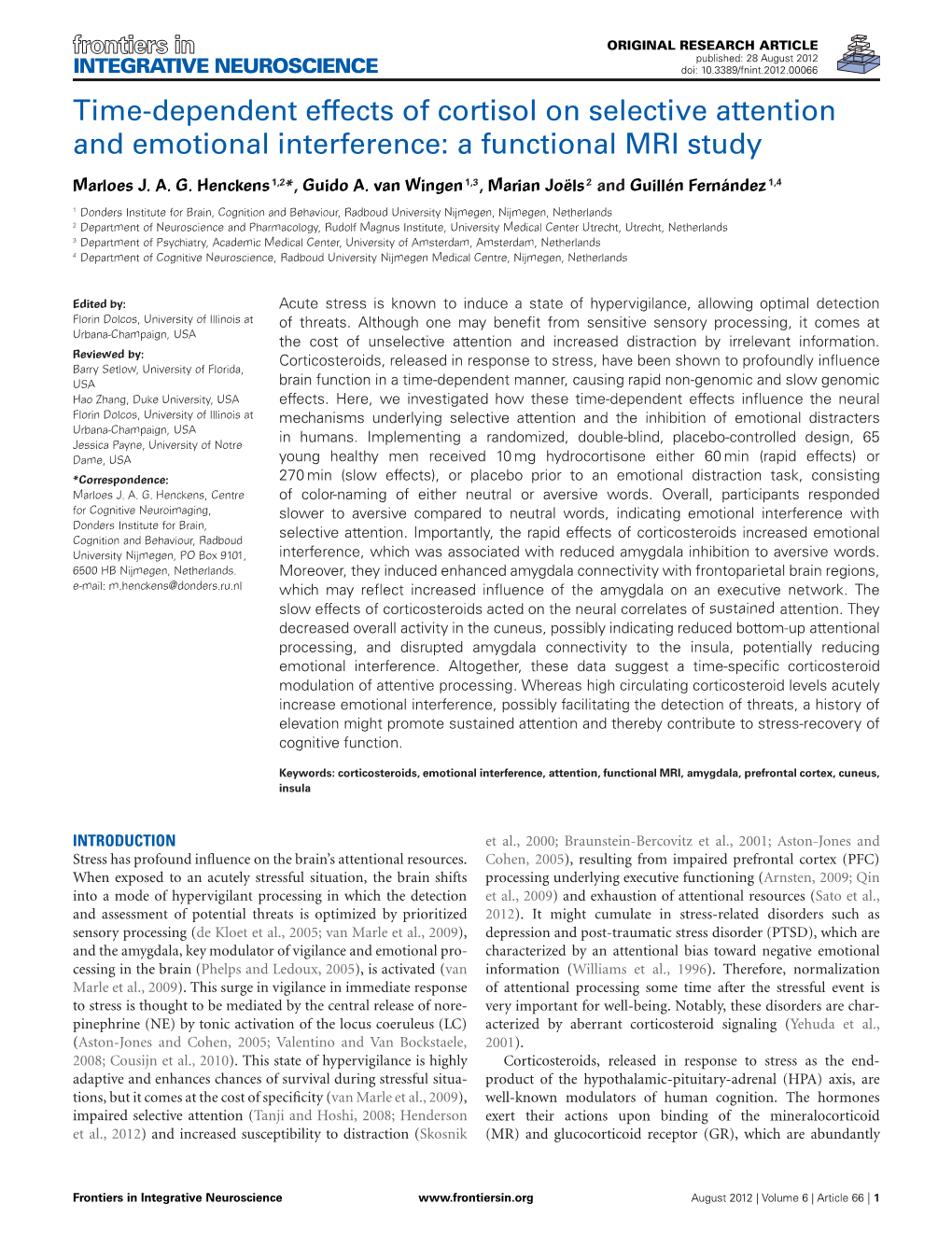 Time-Dependent Effects of Cortisol on Selective Attention and Emotional Interference: a Functional MRI Study