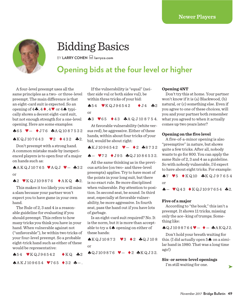 Bidding Basics by LARRY COHEN Larryco.Com Opening Bids at the Four Level Or Higher