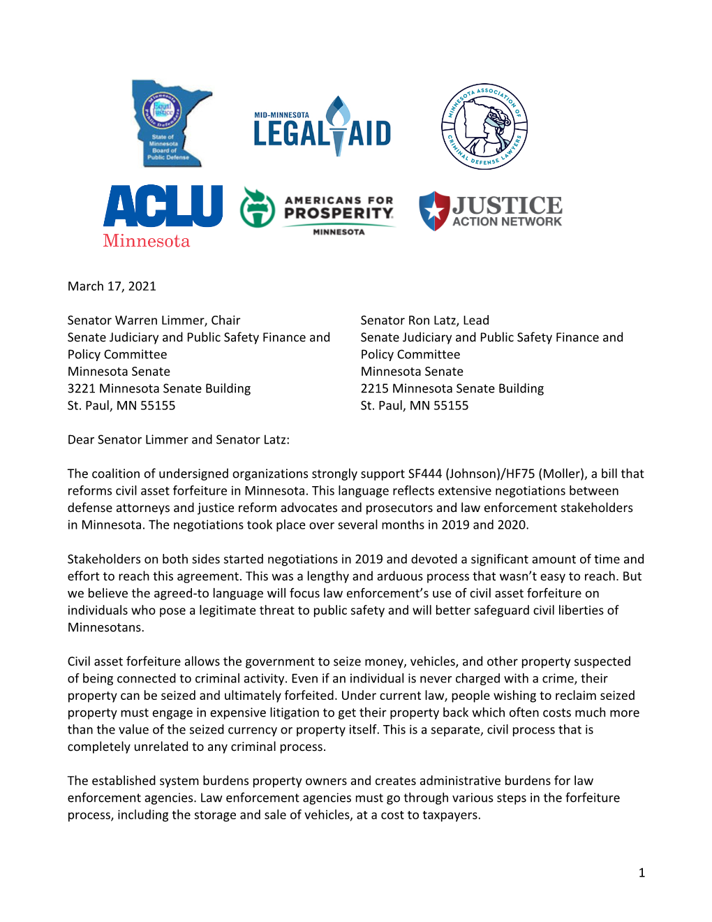 HF 75 Forfeiture Support Letter