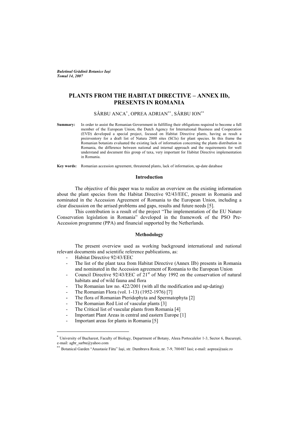 Buletinul Grădinii Botanice Iaşi Tomul 14, 2007