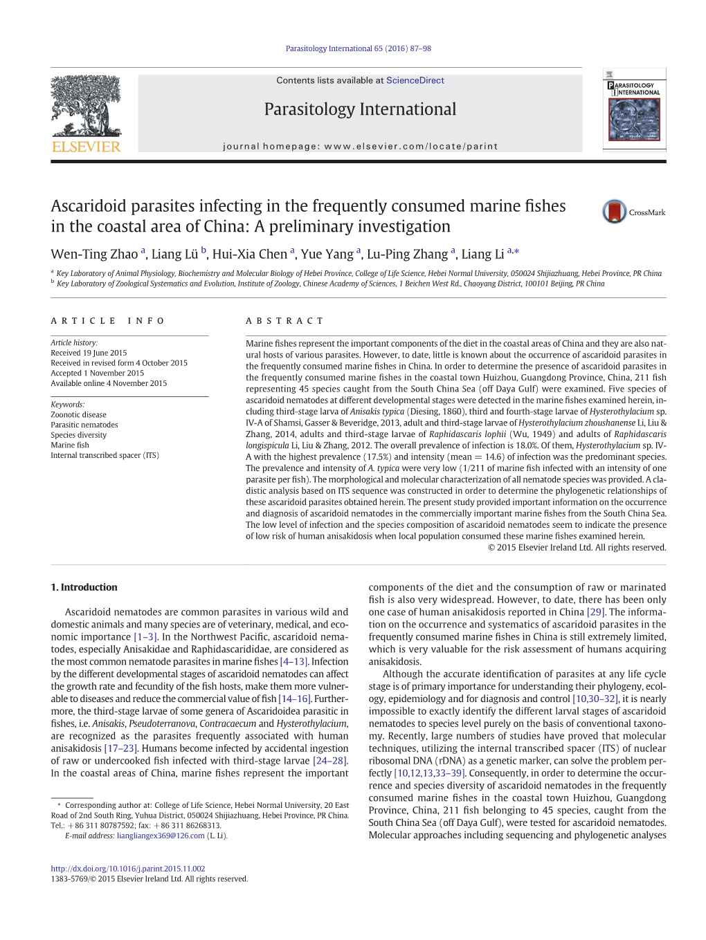 Ascaridoid Parasites Infecting in the Frequently Consumed Marine Fishes in the Coastal Area of China: a Preliminary Investigatio