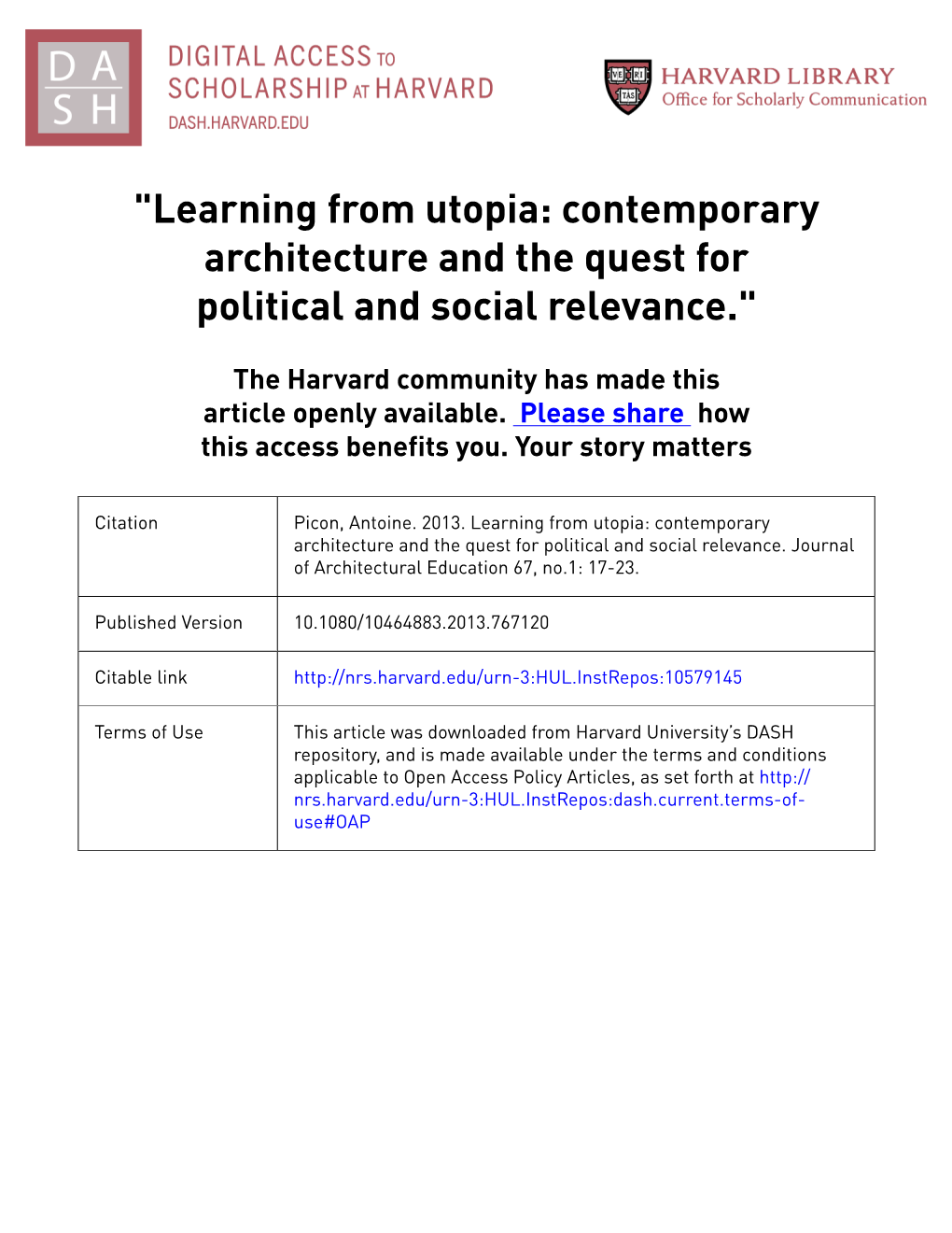 Learning from Utopia: Contemporary Architecture and the Quest for Political and Social Relevance.