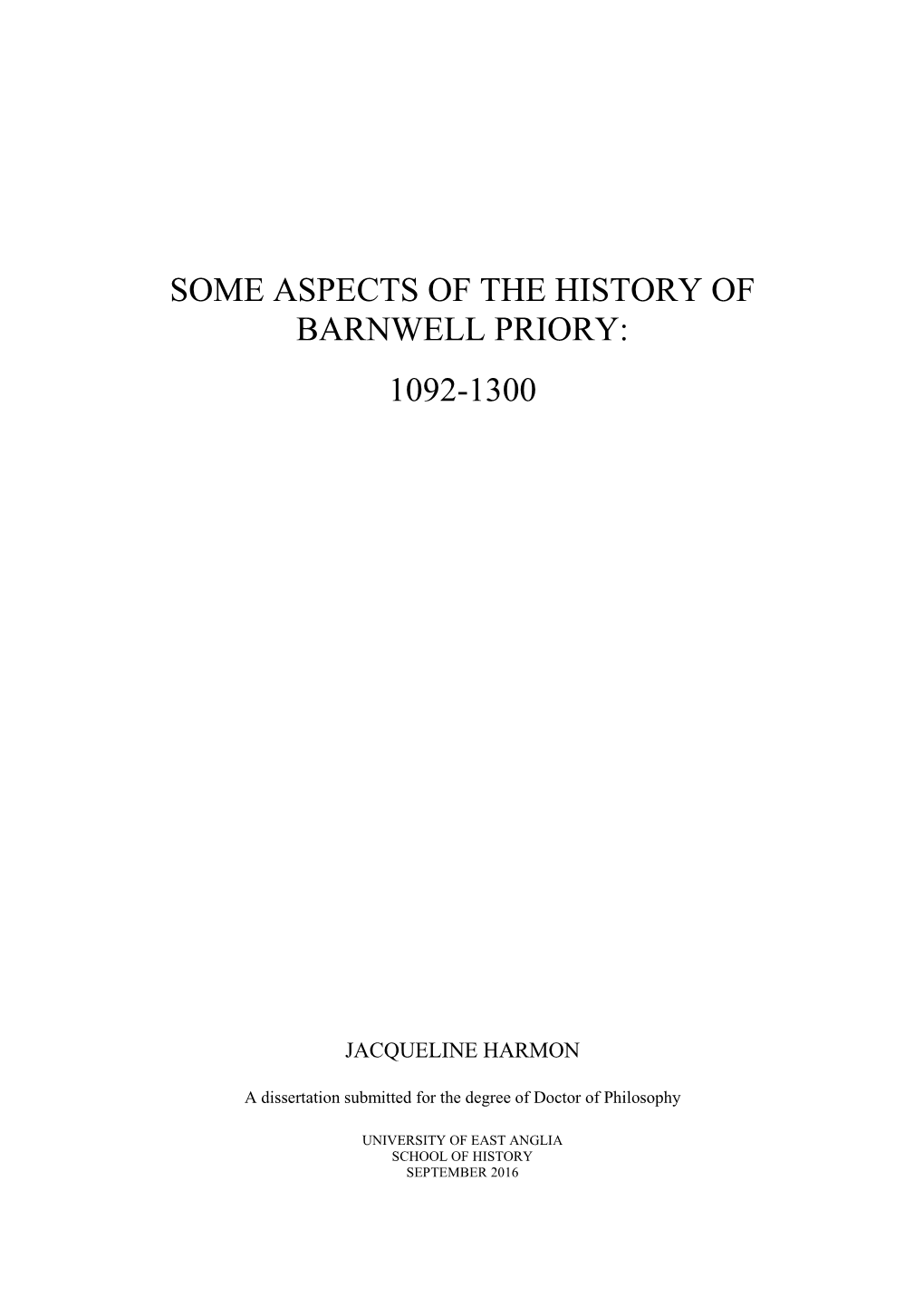 Some Aspects of the History of Barnwell Priory: 1092-1300