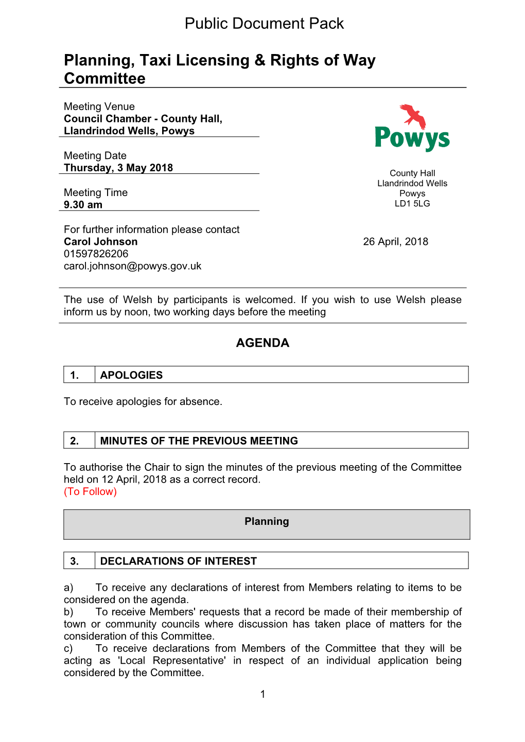 (Public Pack)Agenda Document for Planning, Taxi Licensing & Rights of Way Committee, 03/05/2018 09:30