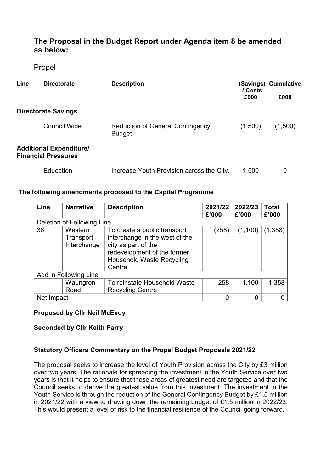 Propel Group Have Examined the Cabinet Budget Proposals and Considered the Responses Received to the Budget Consultation