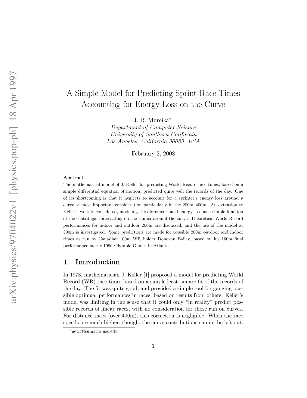 A Simple Model for Predicting Sprint Race Times Accounting for Energy