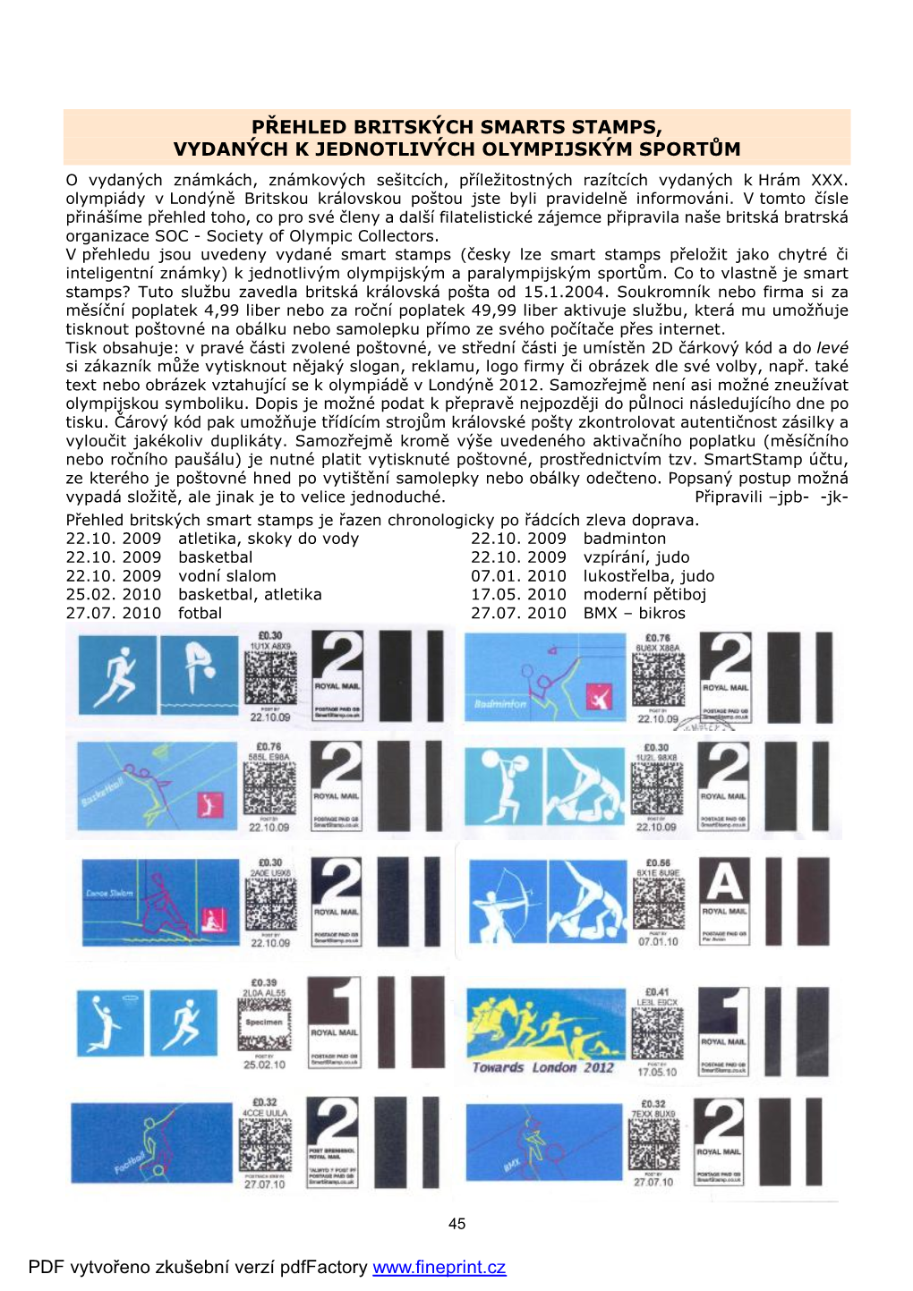 PŘEHLED BRITSKÝCH SMARTS STAMPS, VYDANÝCH K JEDNOTLIVÝCH OLYMPIJSKÝM SPORTŮM PDF Vytvořeno Zkušební Verzí Pdffactory W