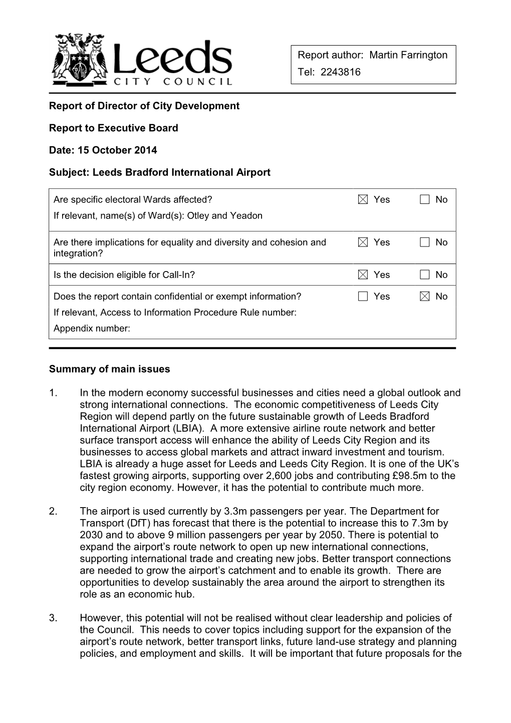 Report of Director of City Development Report To