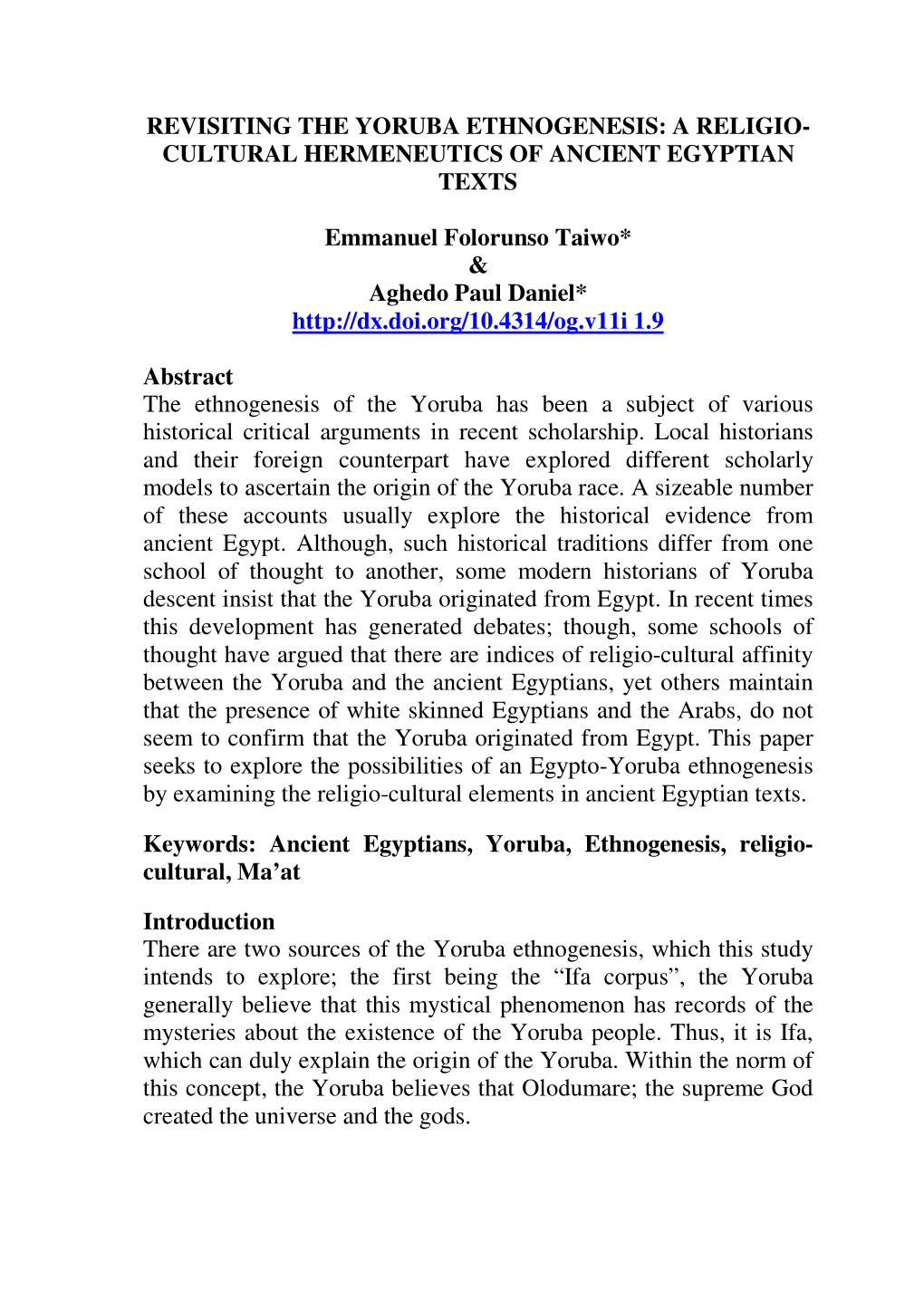 Revisiting the Yoruba Ethnogenesis: a Religio- Cultural Hermeneutics of Ancient Egyptian Texts