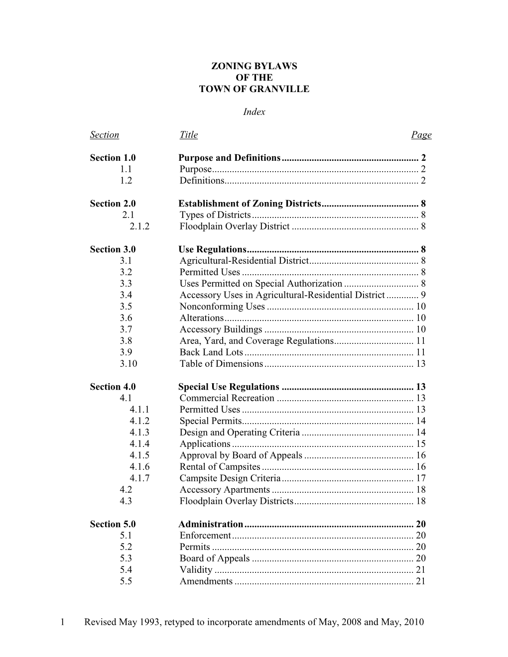 Zoning Bylaws of the Town of Granville