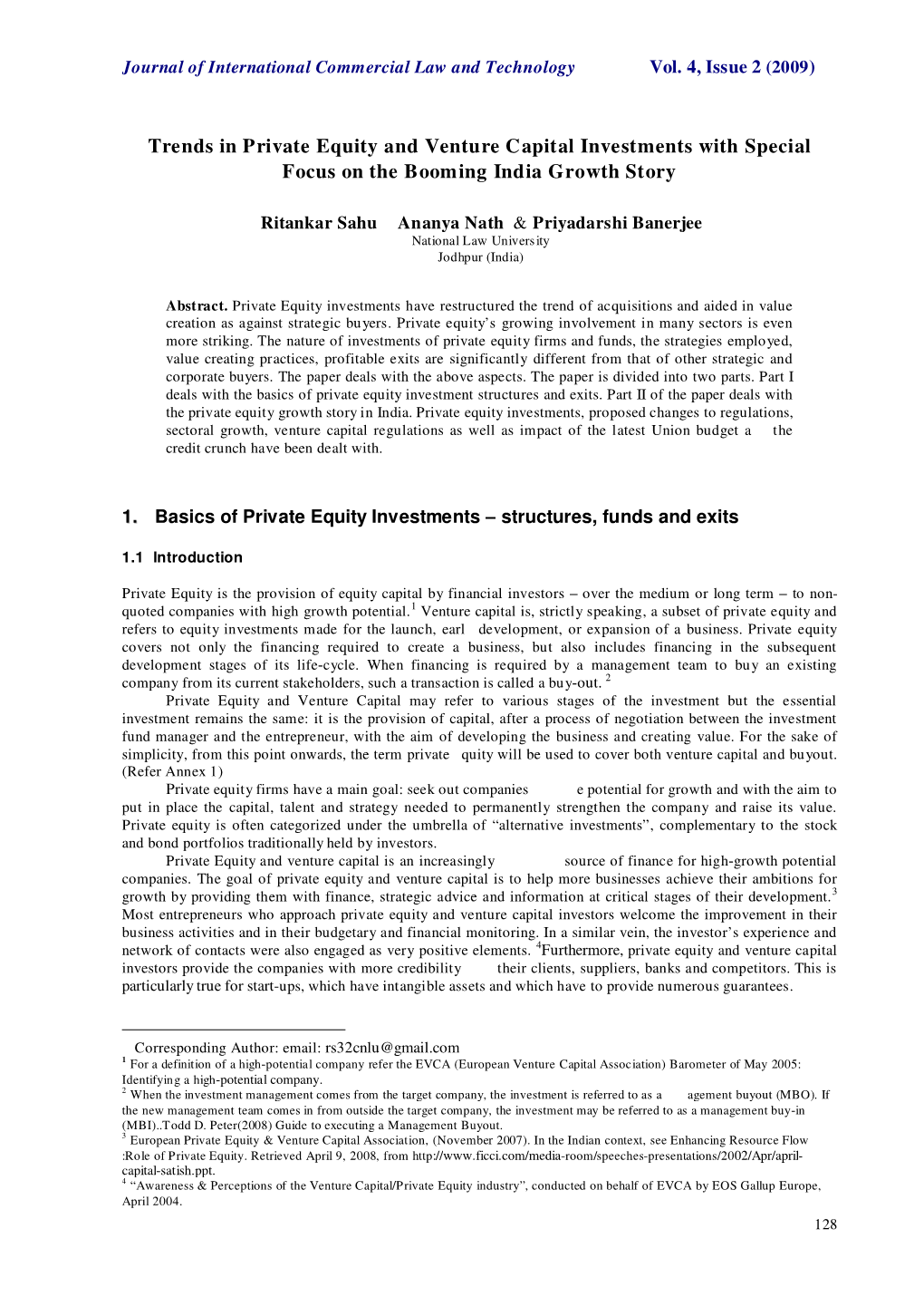 Trends in Private Equity and Venture Capital Investments with Special Focus on the Booming India Growth Story