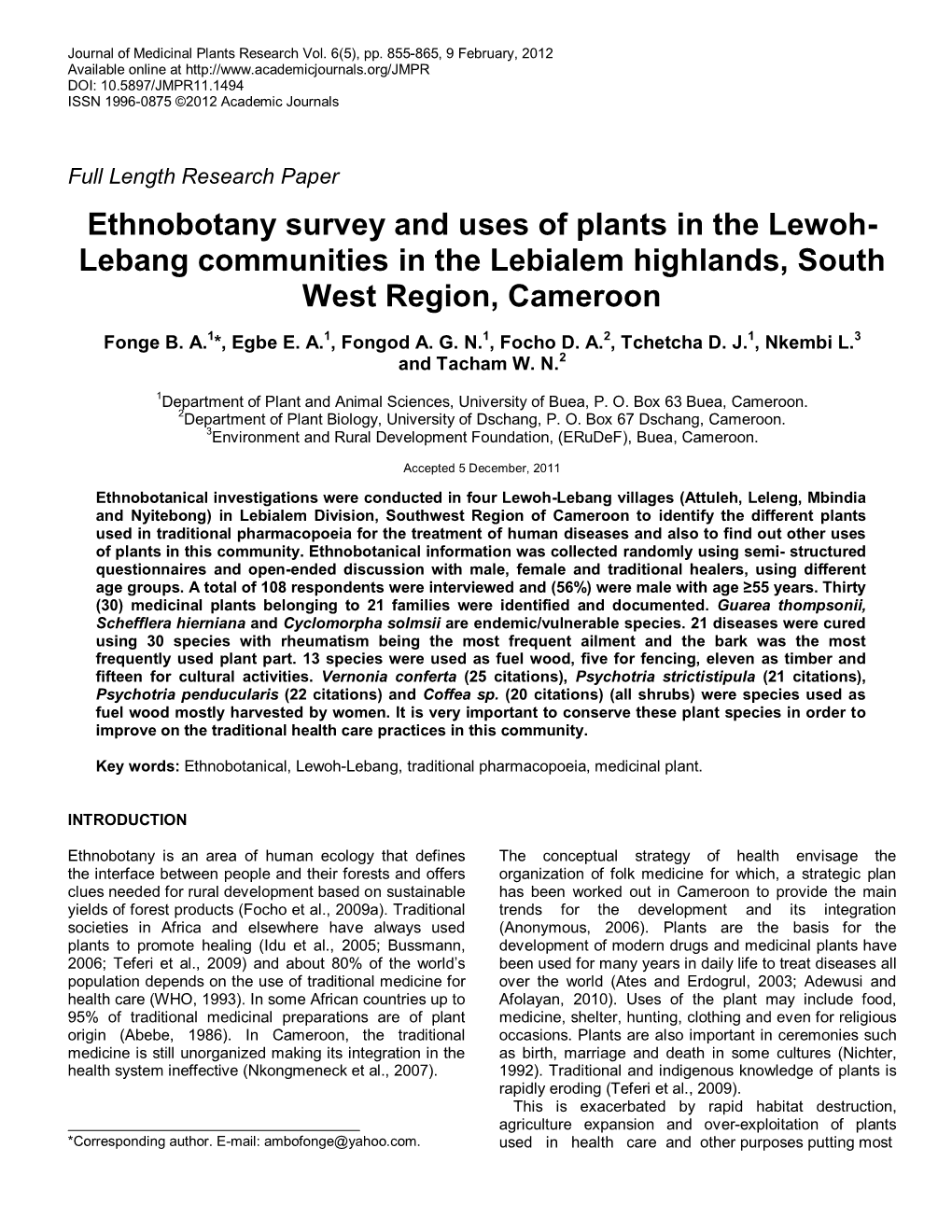 Ethnobotany Survey and Uses of Plants in the Lewoh- Lebang Communities in the Lebialem Highlands, South West Region, Cameroon