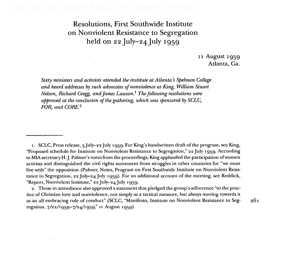 Resolutions, First Southwide Institute on Nonviolent Resistance to Segregation Held on 2 2 July-24 July 1959 the Martin Luther K