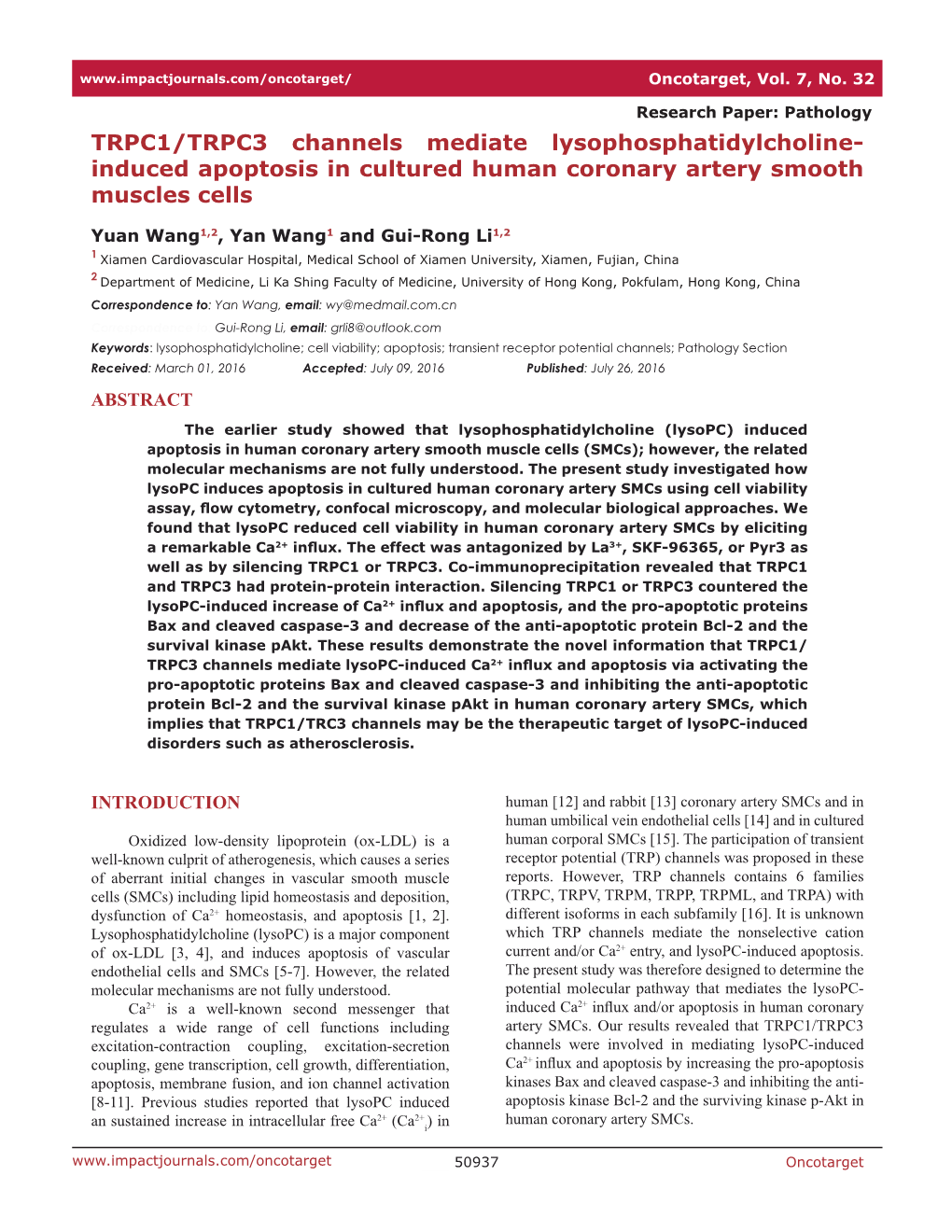 TRPC1/TRPC3 Channels Mediate Lysophosphatidylcholine- Induced Apoptosis in Cultured Human Coronary Artery Smooth Muscles Cells