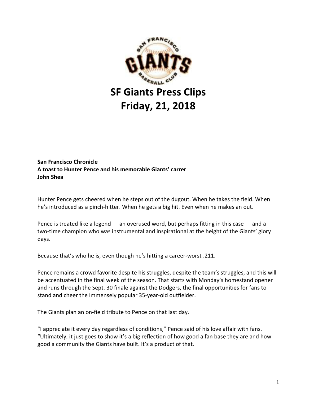 SF Giants Press Clips Friday, 21, 2018