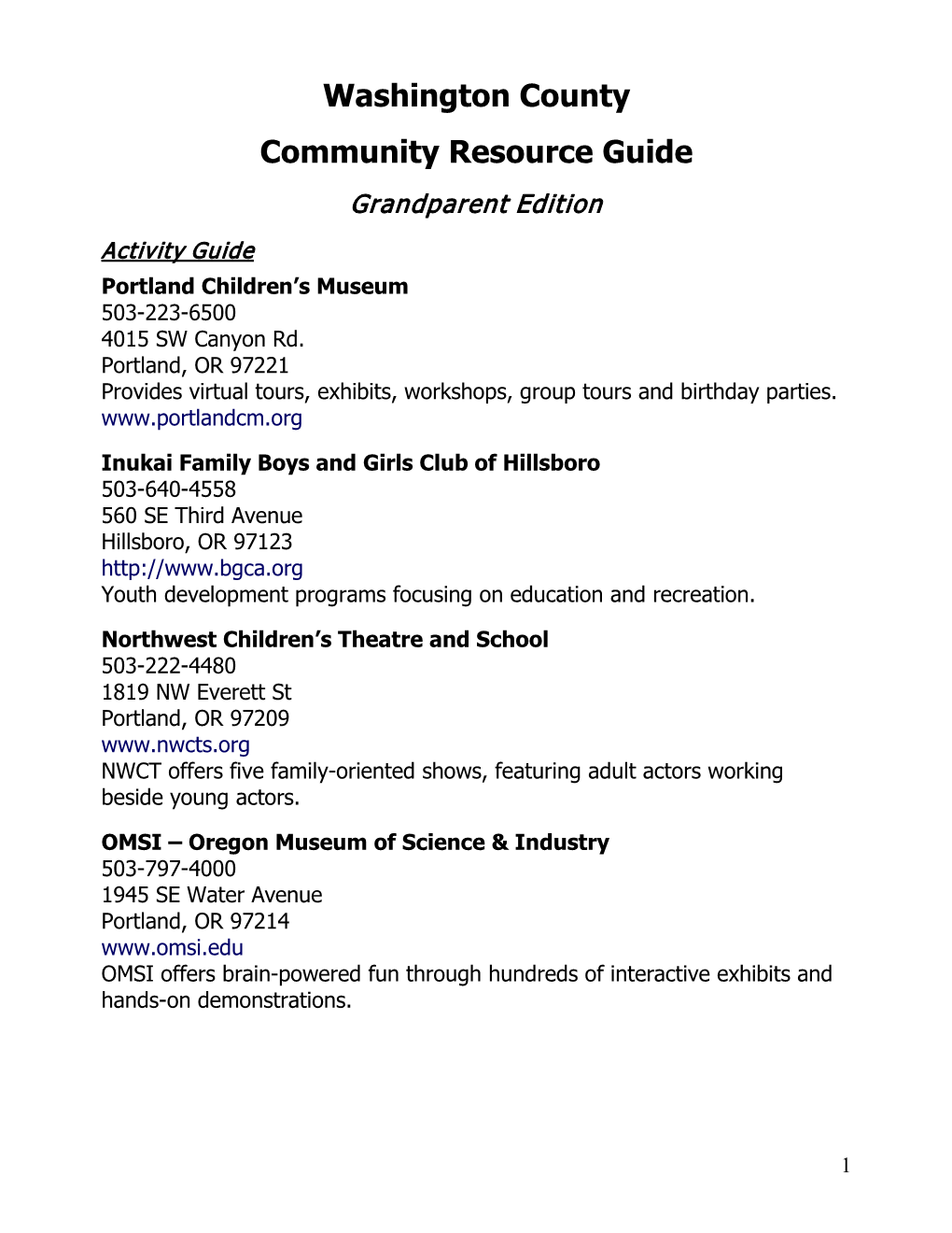 Washington County Community Resource Guide Grandparent Edition
