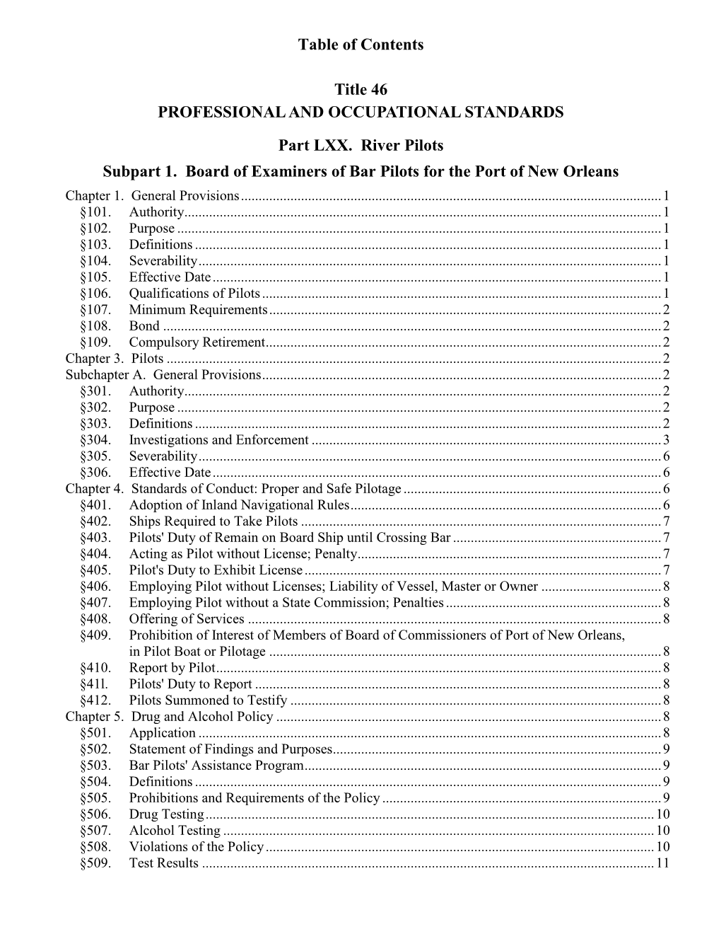 Title 46:LXX, Professional and Occupational Standards: River Pilots