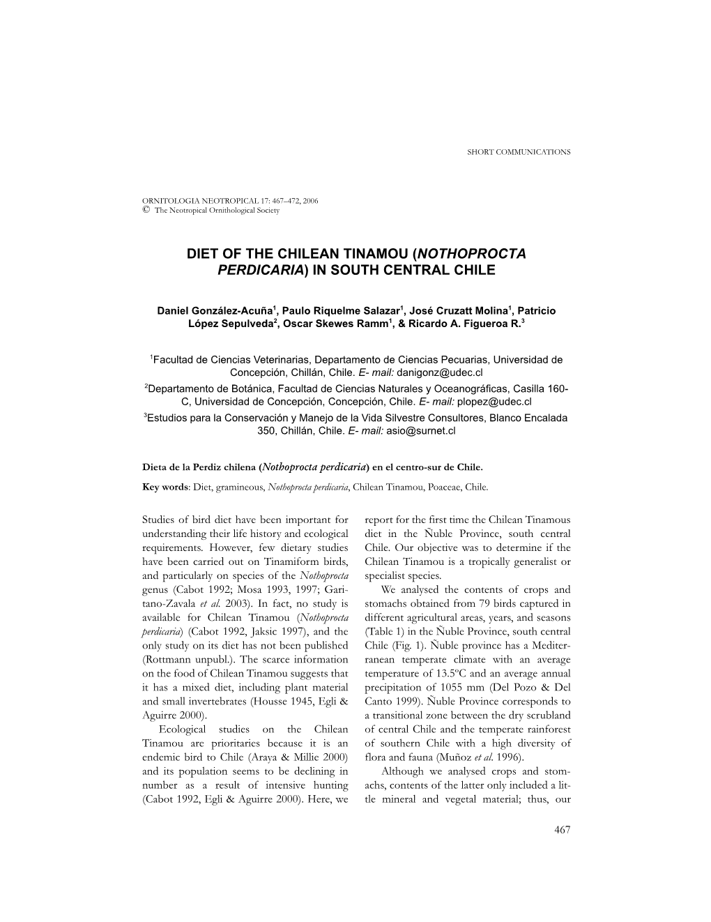 Diet of the Chilean Tinamou (Nothoprocta Perdicaria) in South Central Chile