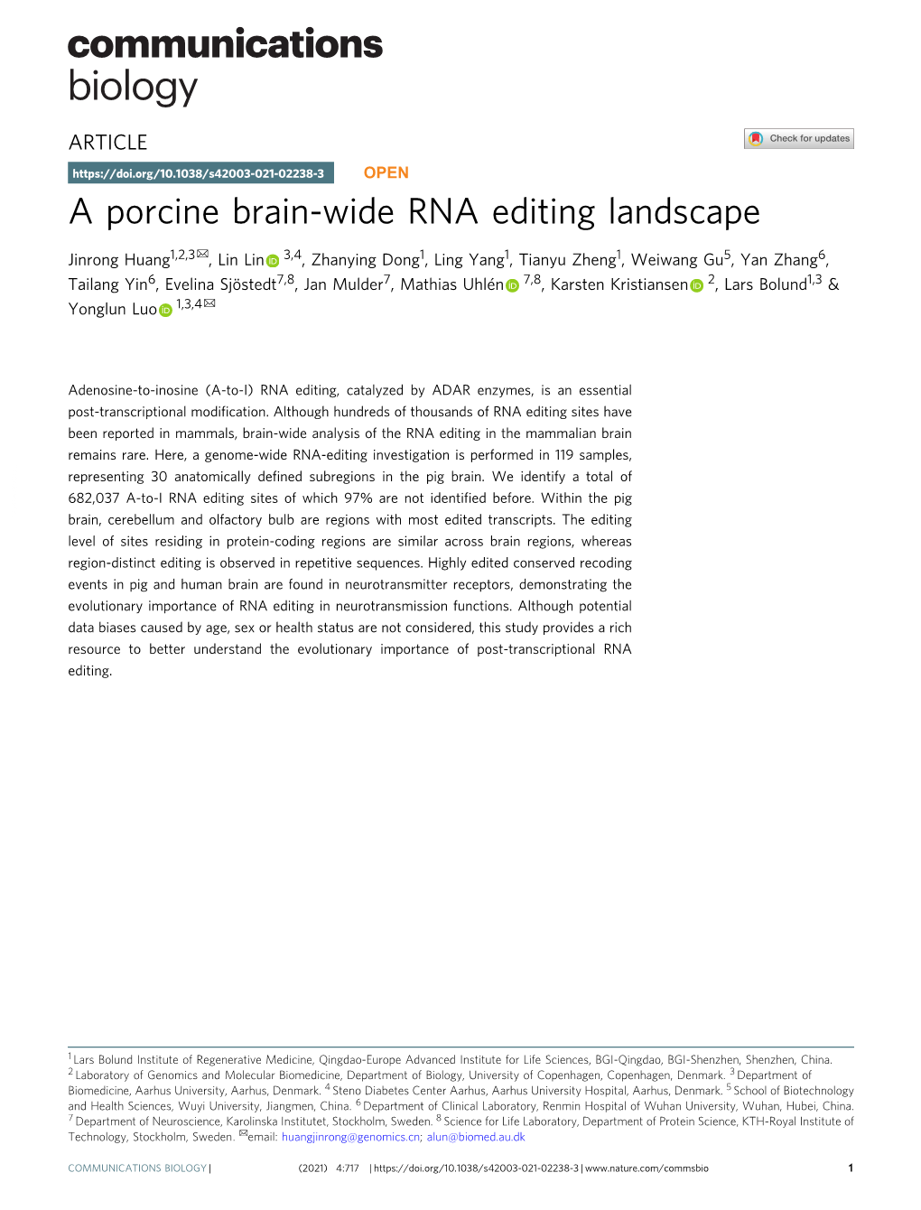 A Porcine Brain-Wide RNA Editing Landscape