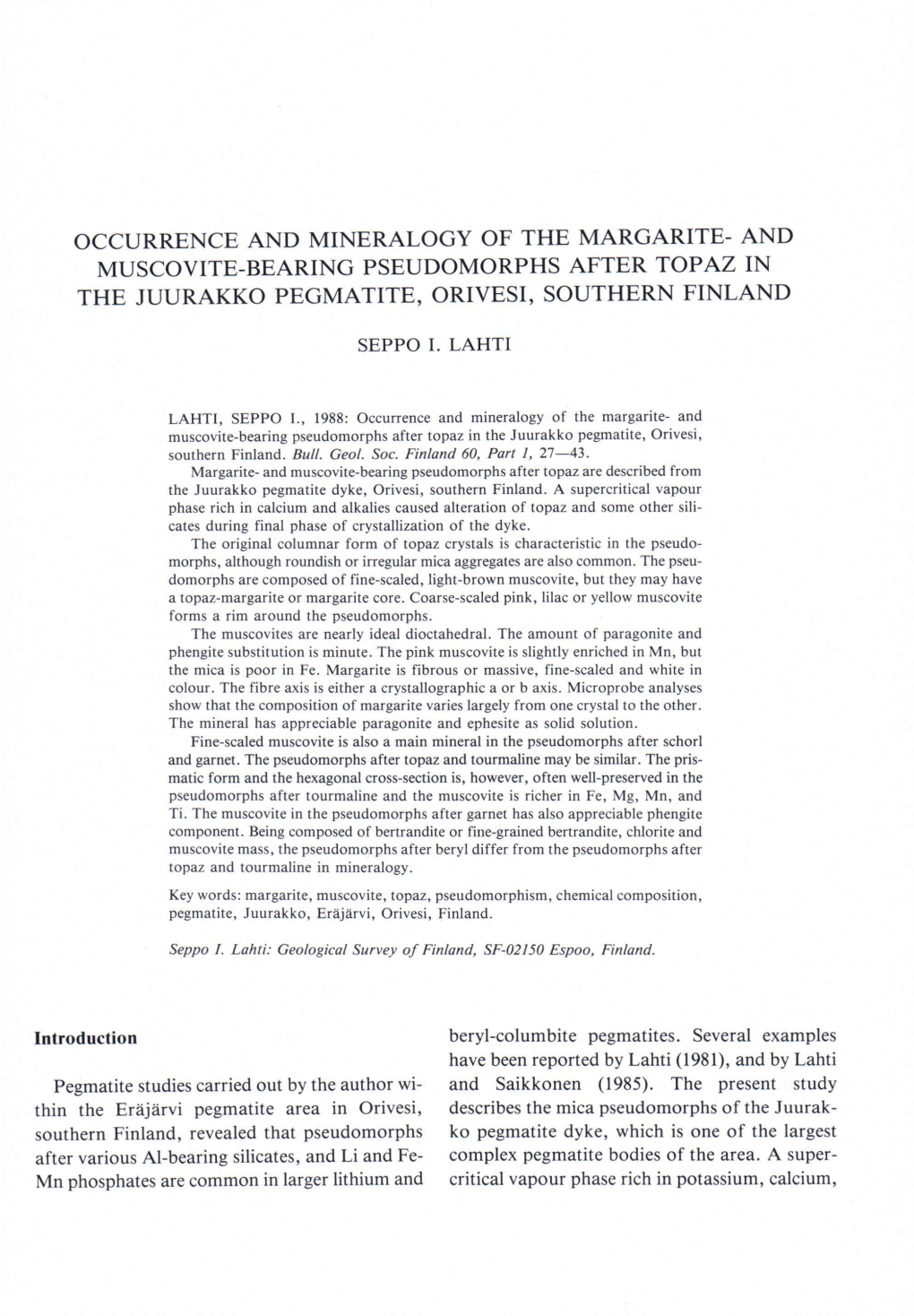 Occurrence and Mineralogy of the Margarite- and Muscovite-Bearing Pseudomorphs After Topaz in the Juurakko Pegmatite, Orivesi, Southern Finland