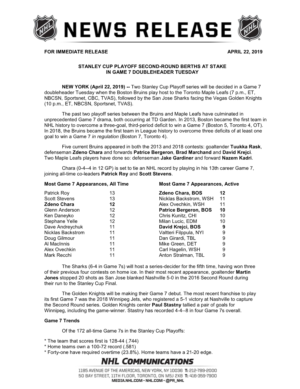 For Immediate Release April 22, 2019 Stanley Cup Playoff