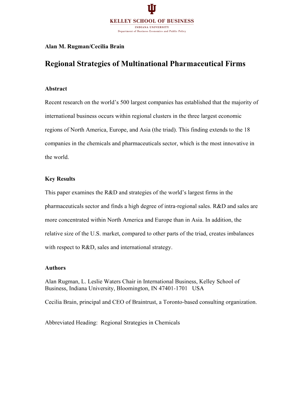 Regional Strategies of Multinational Pharmaceutical Firms