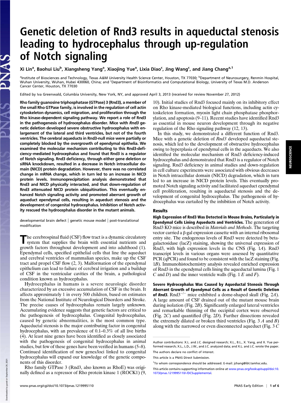 Genetic Deletion of Rnd3 Results in Aqueductal Stenosis Leading to Hydrocephalus Through Up-Regulation of Notch Signaling